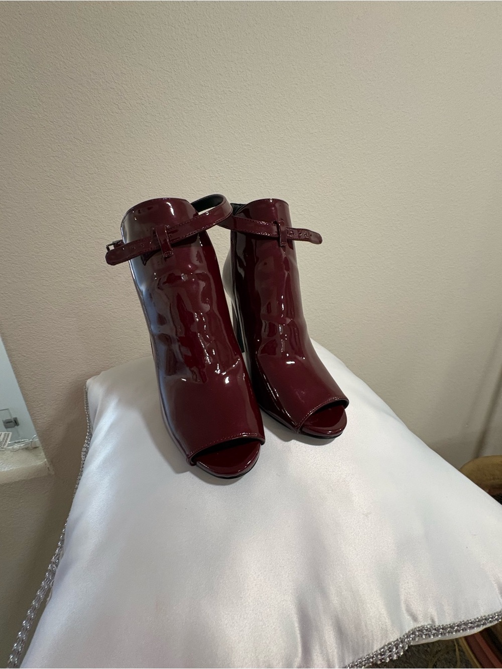 Michael Kors Burgundy Patent Peep-Toe Ankle Booties